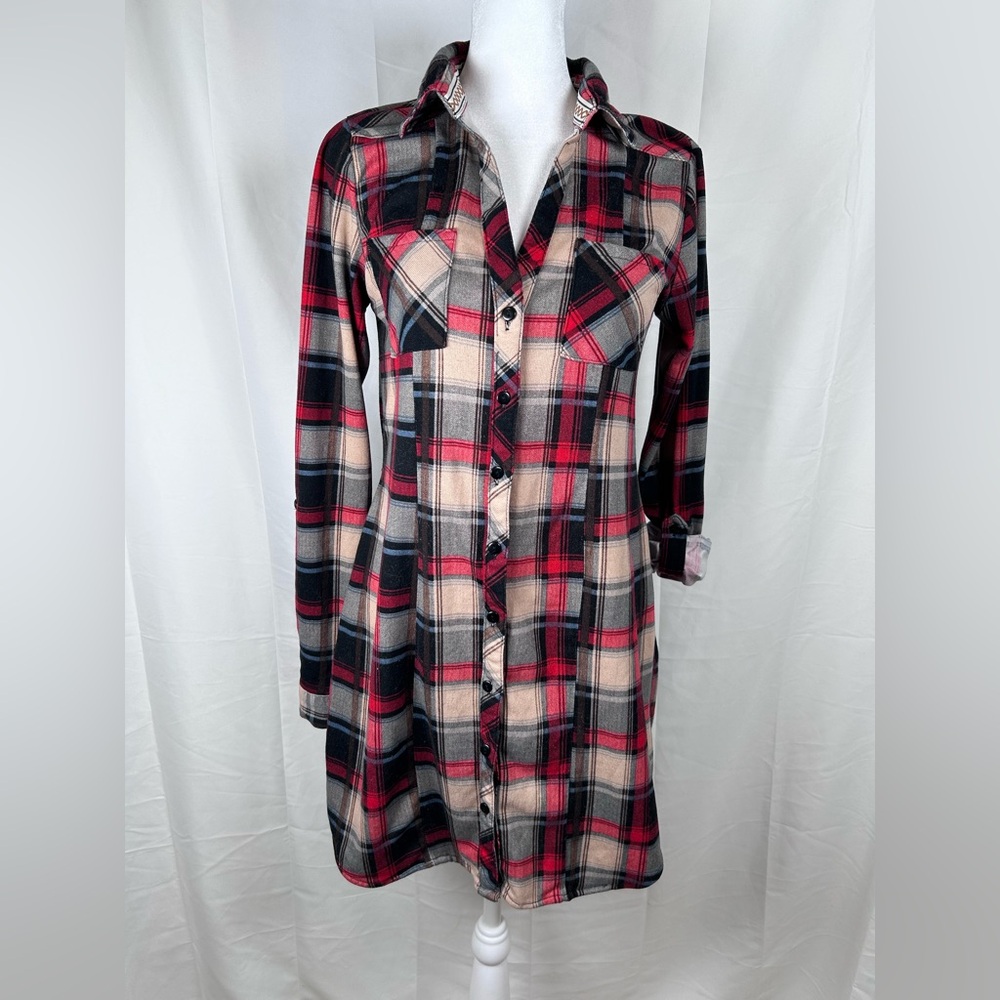 Passport Plaid Shirt Dress Women’s Medium Red Beige Western Mini Dress